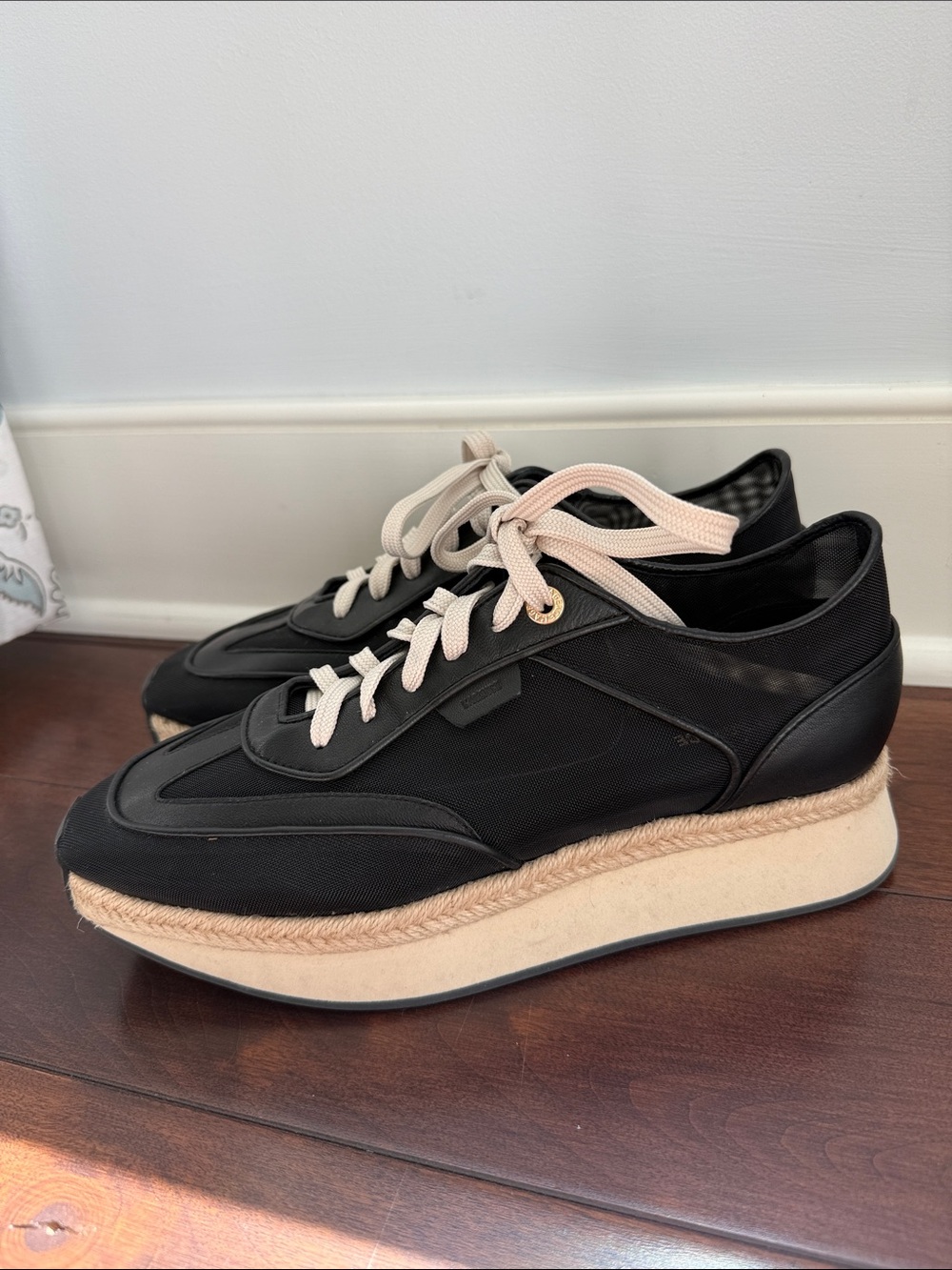 L'AGENCE Iris Mesh Black Platform Lace-Up Sneakers with Cream Accents